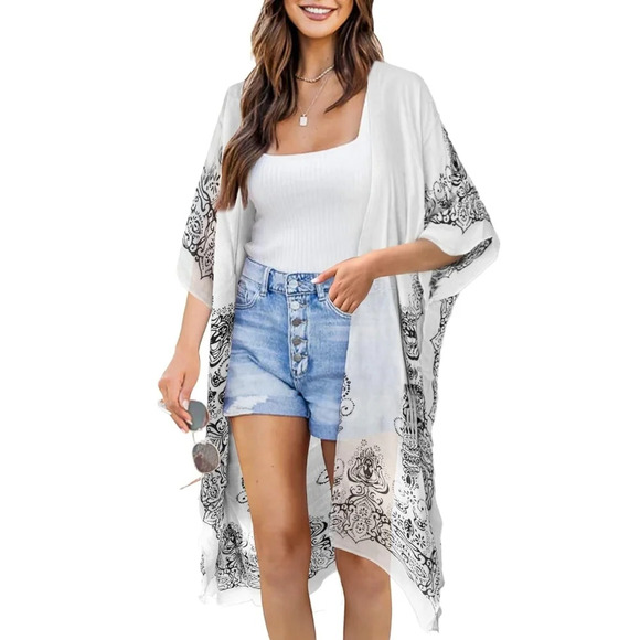 Moss Rose Beach Cover Up Swimsuit Kimono Boho Floral Print Resortwear One Size - Picture 1 of 12